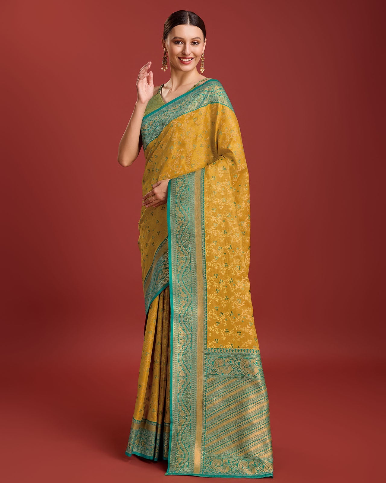 Yellow Banarasi silk Weaving Designer Saree - Monjolika Fashion