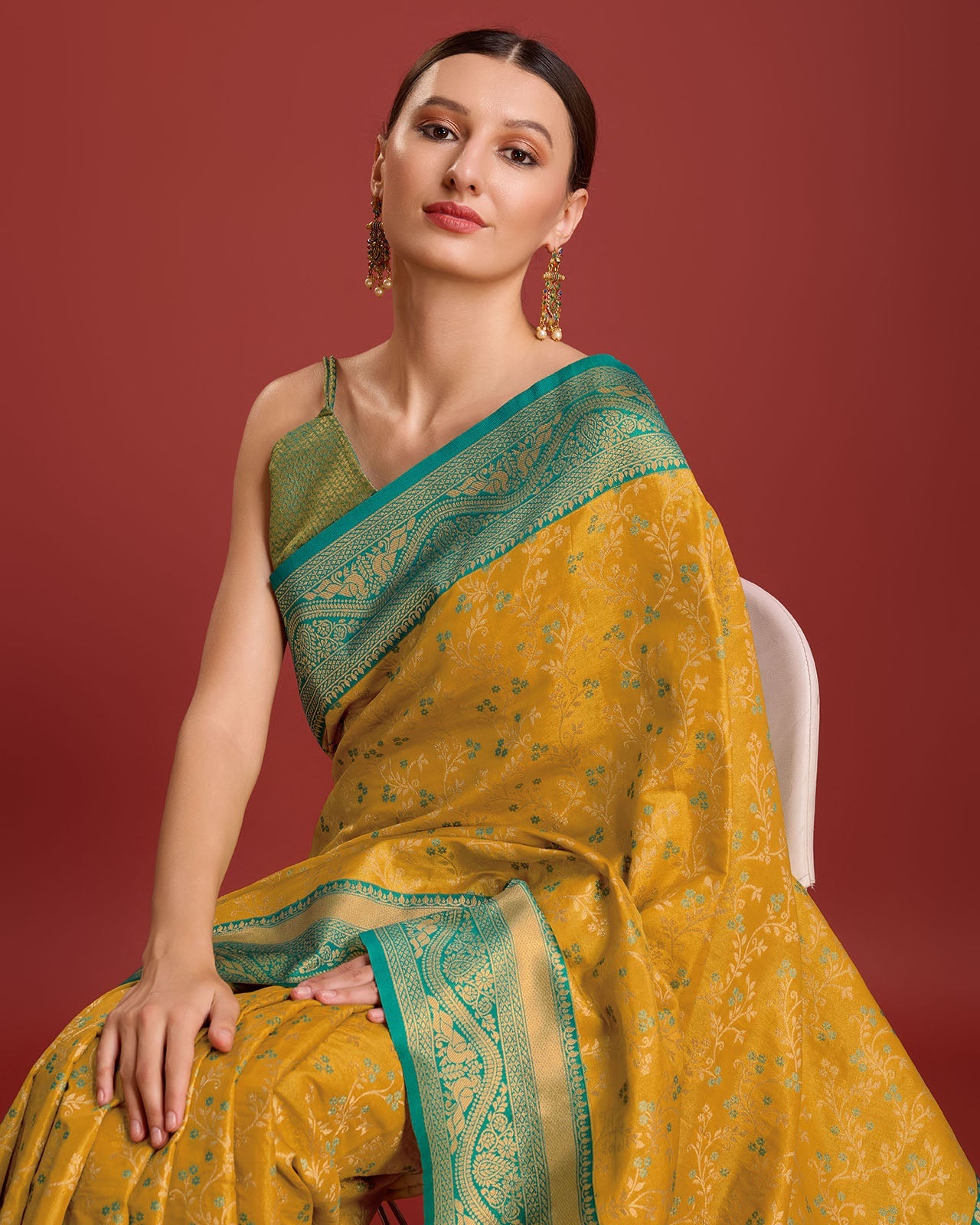 Yellow Banarasi silk Weaving Designer Saree
