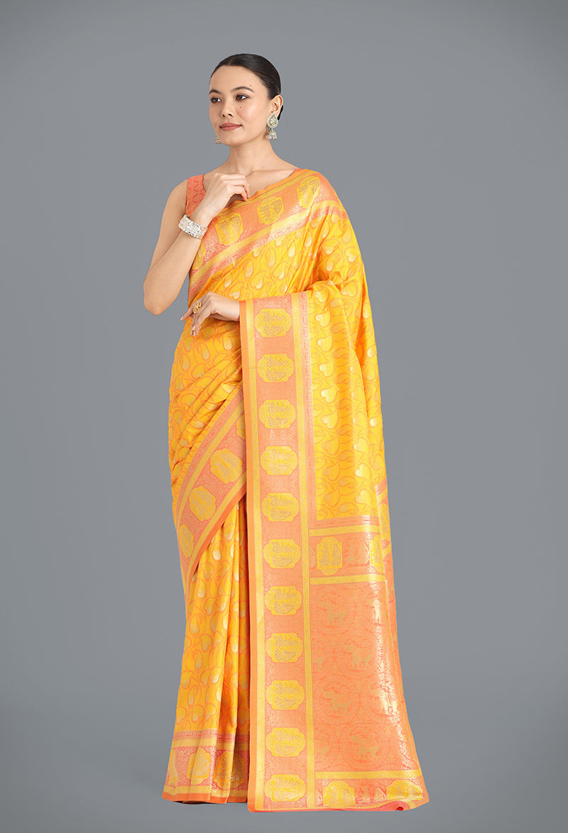 Yellow Banarasi Silk Weaving Work Traditional Saree