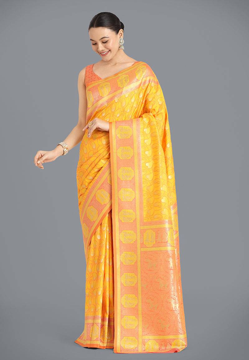 Yellow Banarasi Silk Weaving Work Traditional Saree