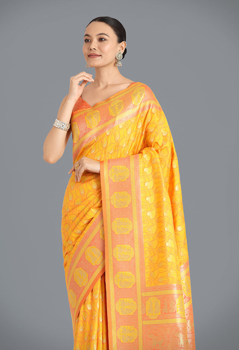 Yellow Banarasi Silk Weaving Work Traditional Saree