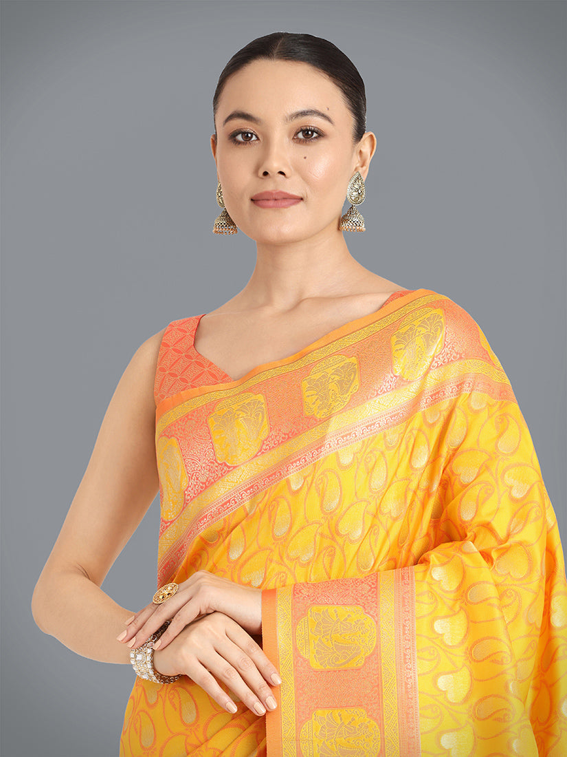 Yellow Banarasi Silk Weaving Work Traditional Saree