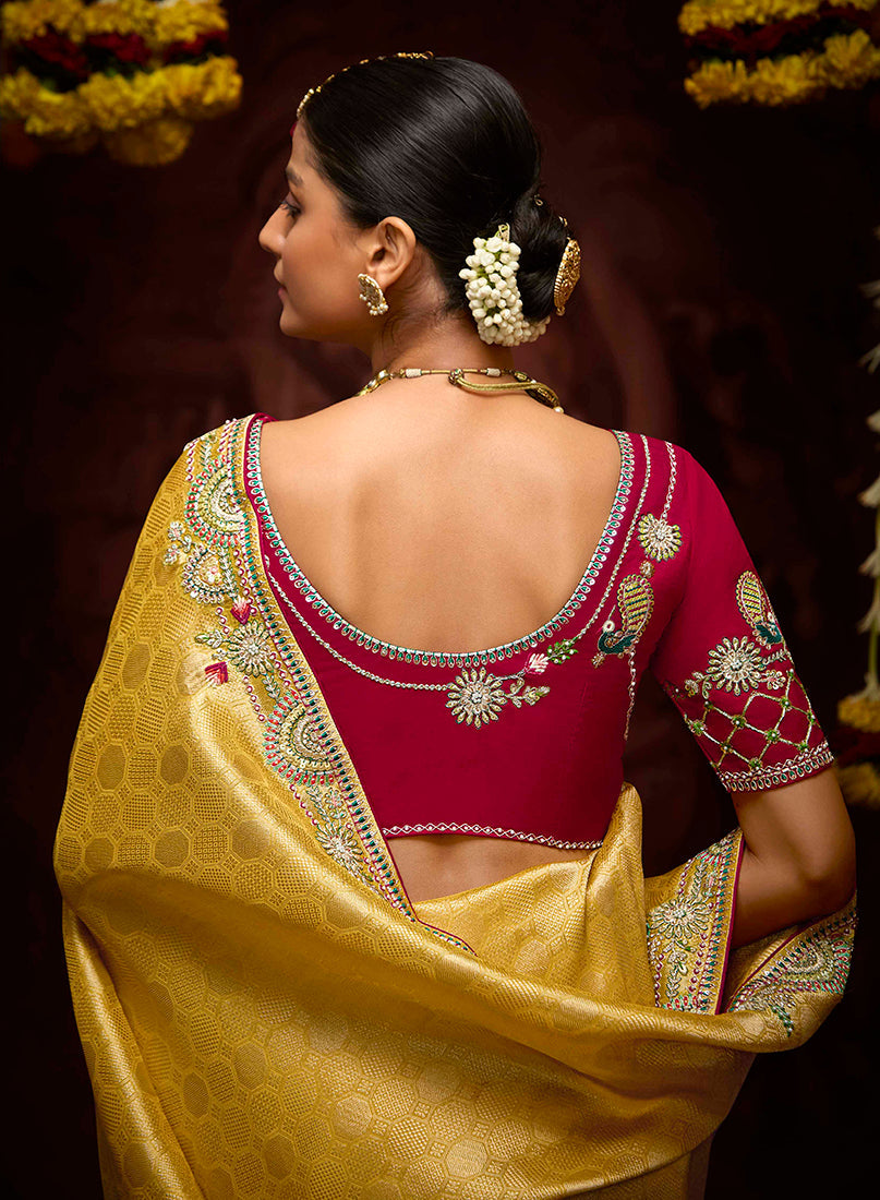 Yellow Banarasi Silk Zari Woven Embroidered Saree With Contrast Blouse