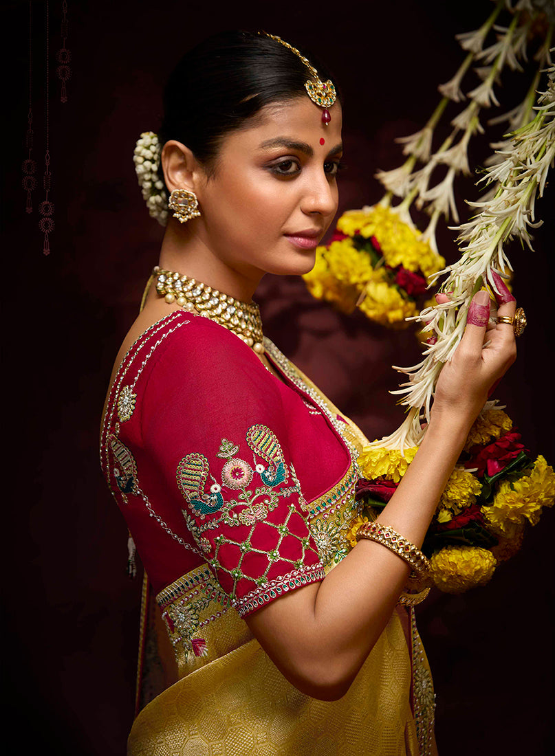 Yellow Banarasi Silk Zari Woven Embroidered Saree With Contrast Blouse