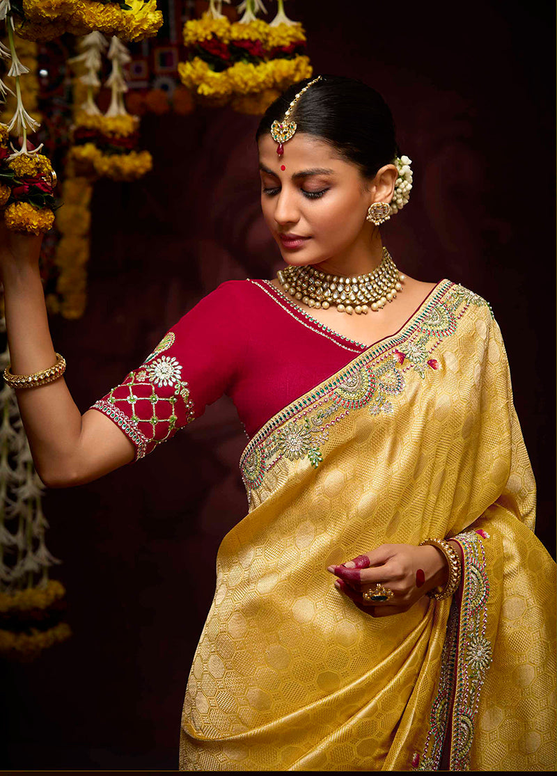 Yellow Banarasi Silk Zari Woven Embroidered Saree With Contrast Blouse