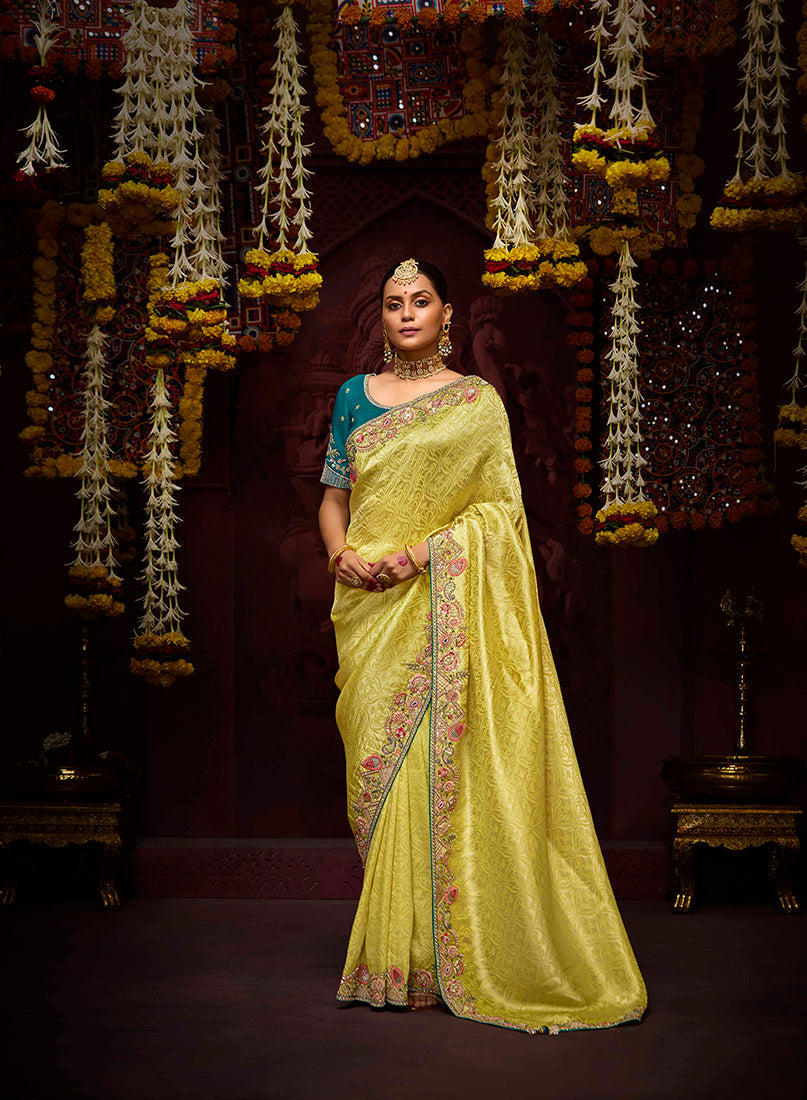 Yellow Banarasi Silk Zari Woven Embroidered Traditional wear Saree