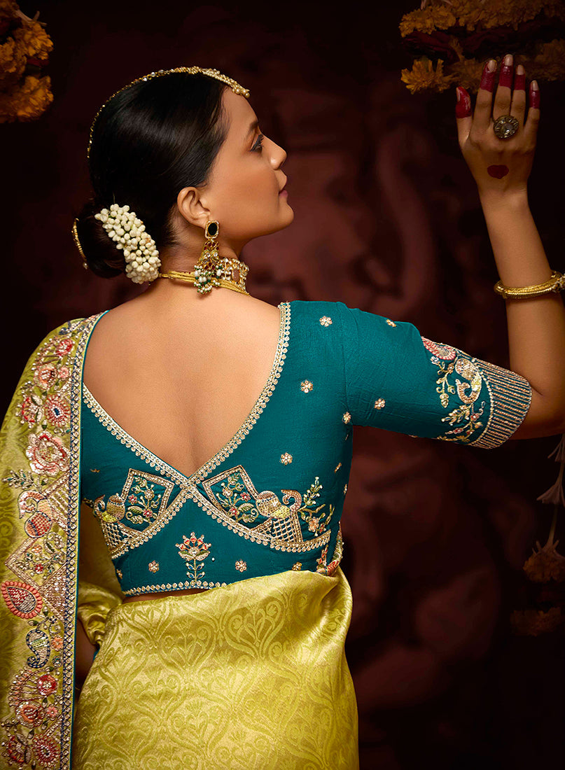 Yellow Banarasi Silk Zari Woven Embroidered Traditional wear Saree