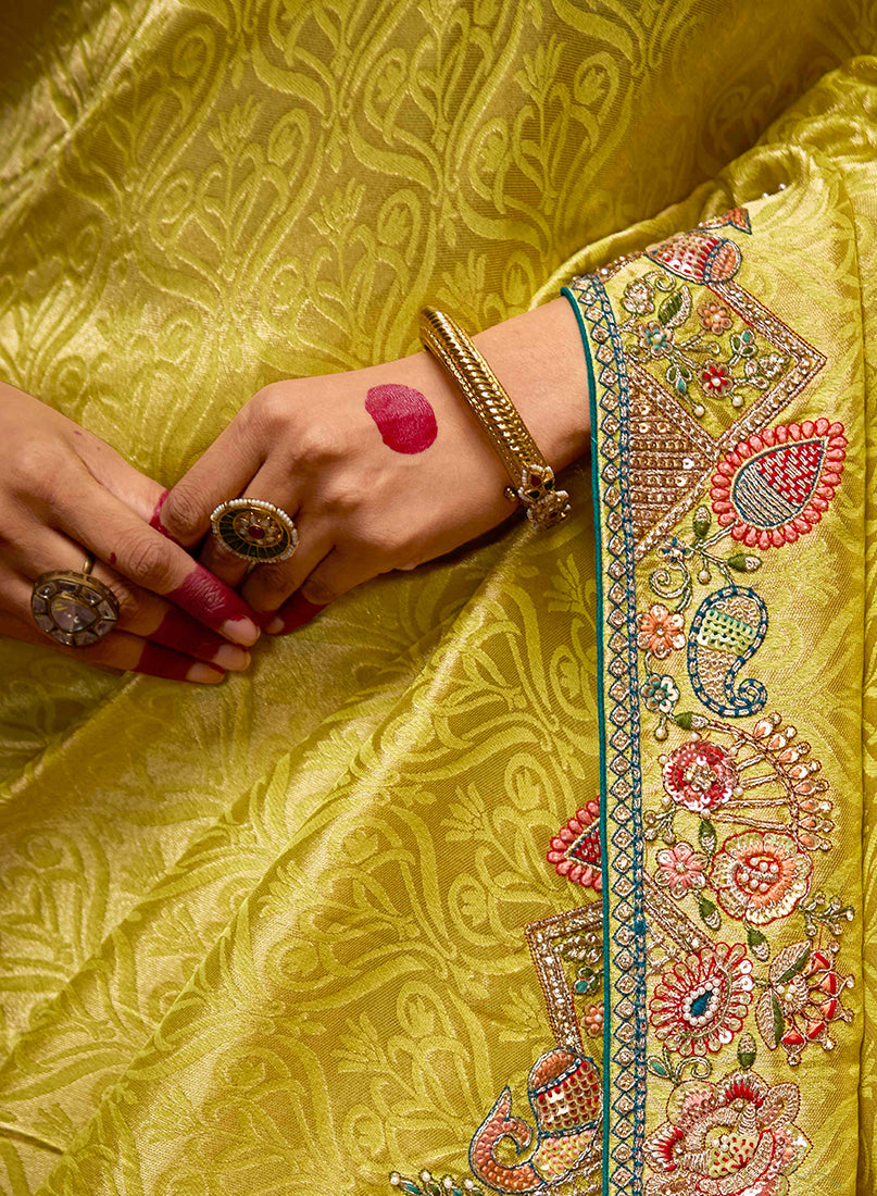 Yellow Banarasi Silk Zari Woven Embroidered Traditional wear Saree