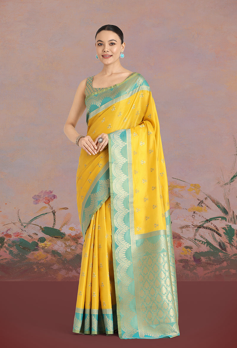 Yellow Banarasi Weaving Tissue Silk Indian Wear Saree