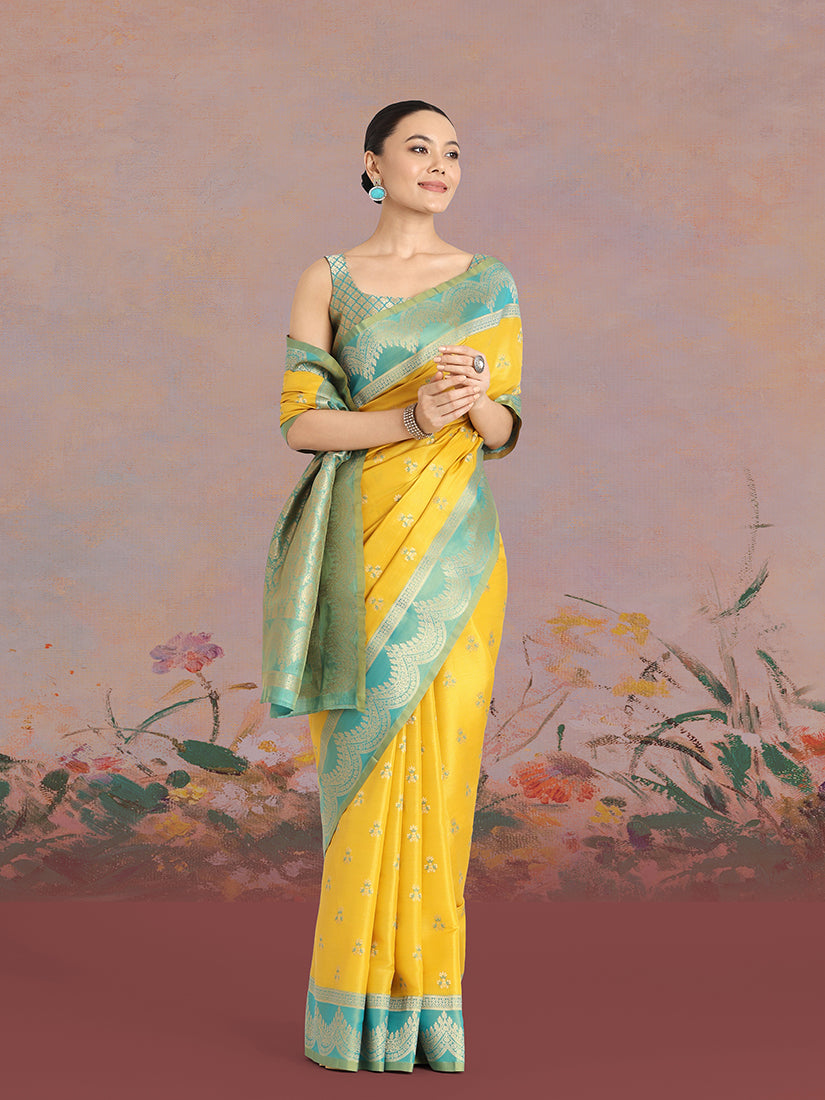 Yellow Banarasi Weaving Tissue Silk Indian Wear Saree