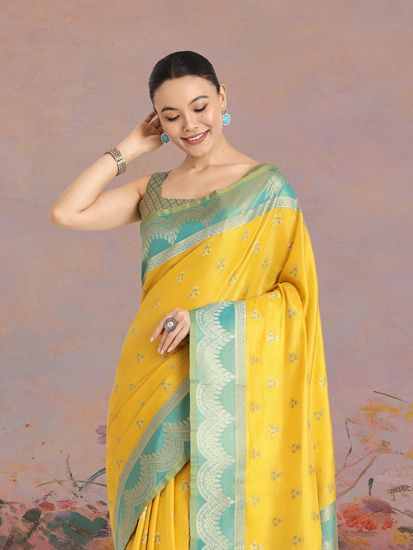 Yellow Banarasi Weaving Tissue Silk Indian Wear Saree