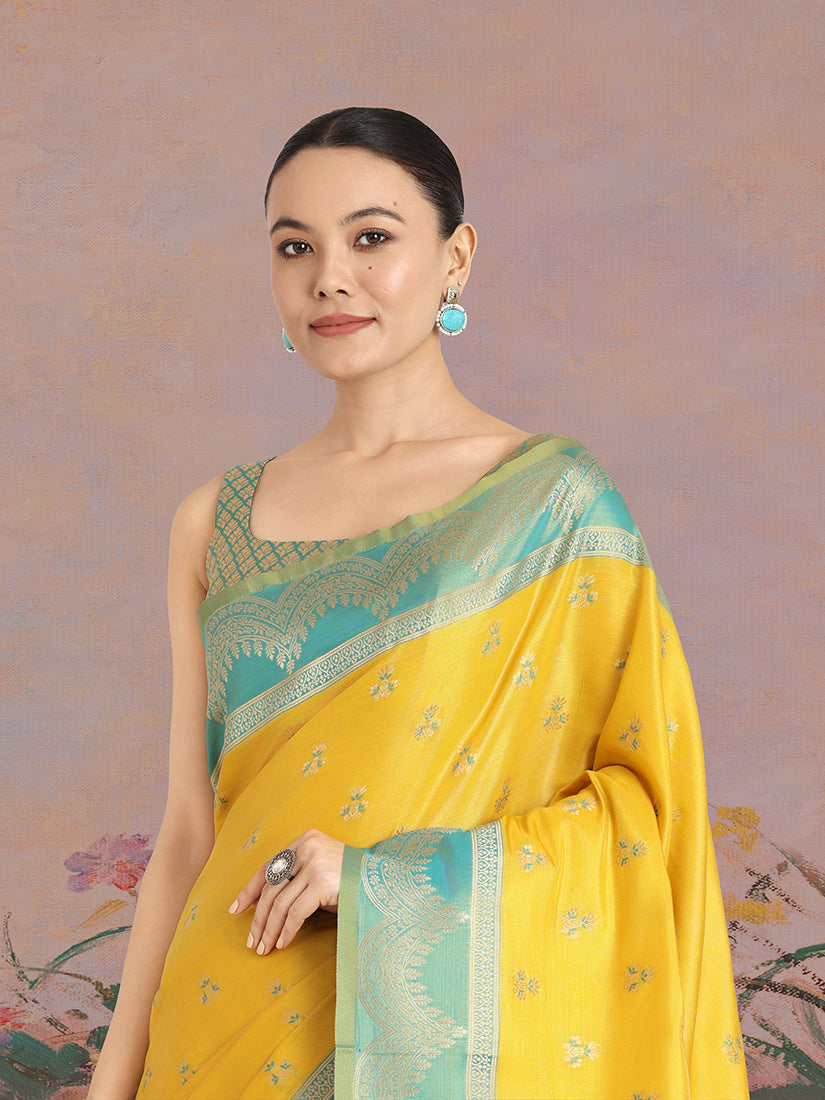Yellow Banarasi Weaving Tissue Silk Indian Wear Saree