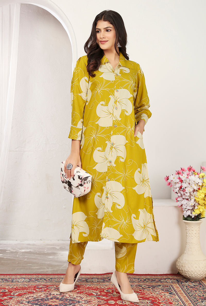 Yellow Rayon Floral Printed Designer Kurti With Pant