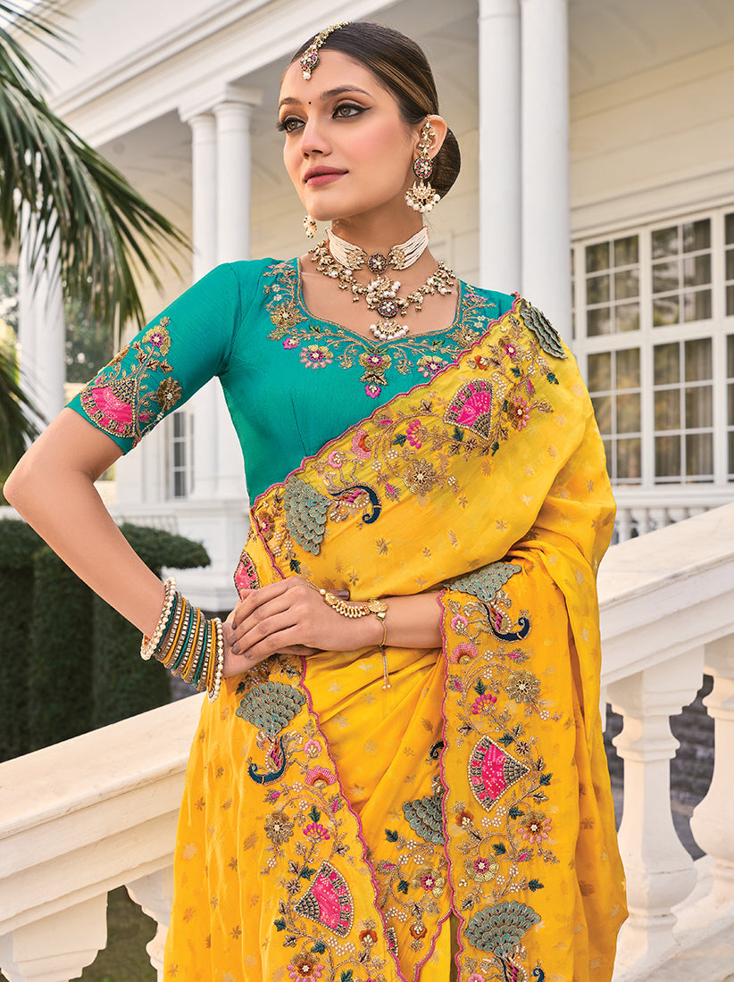 Yellow Crepe Jacquard Silk Thread Work Stylish Saree
