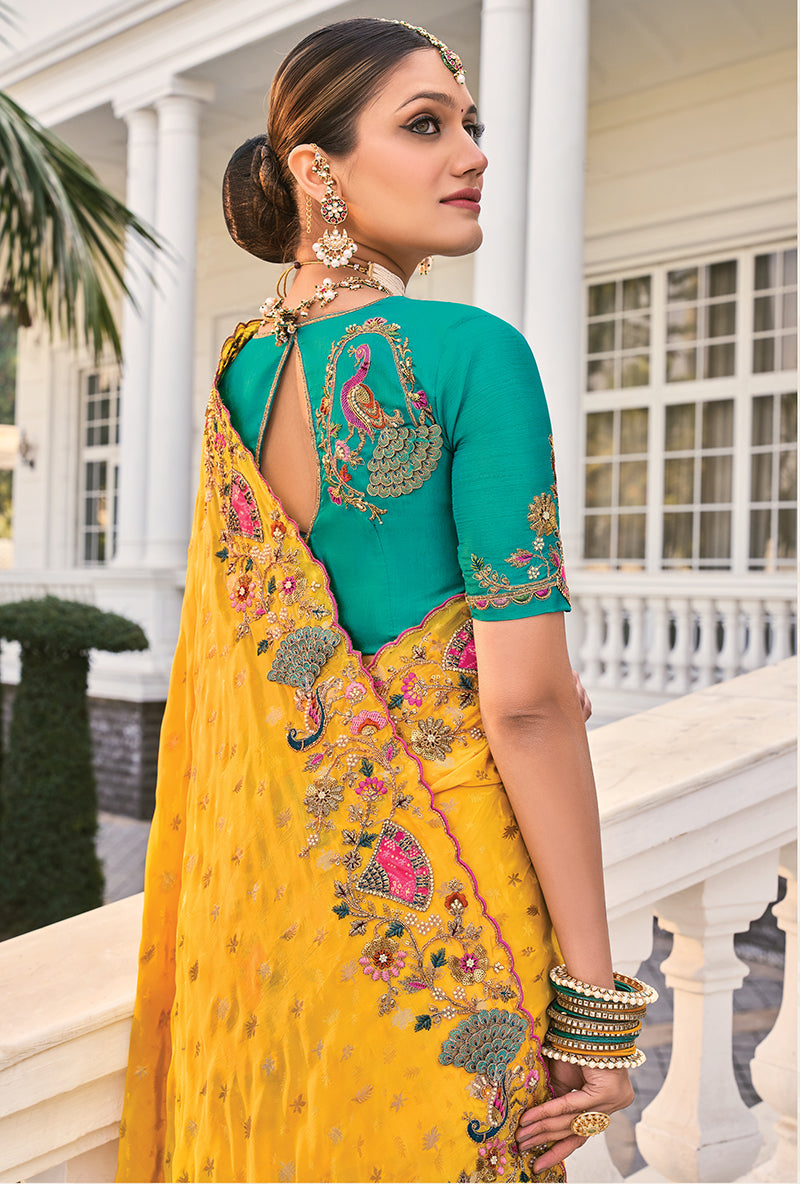 Yellow Crepe Jacquard Silk Thread Work Stylish Saree