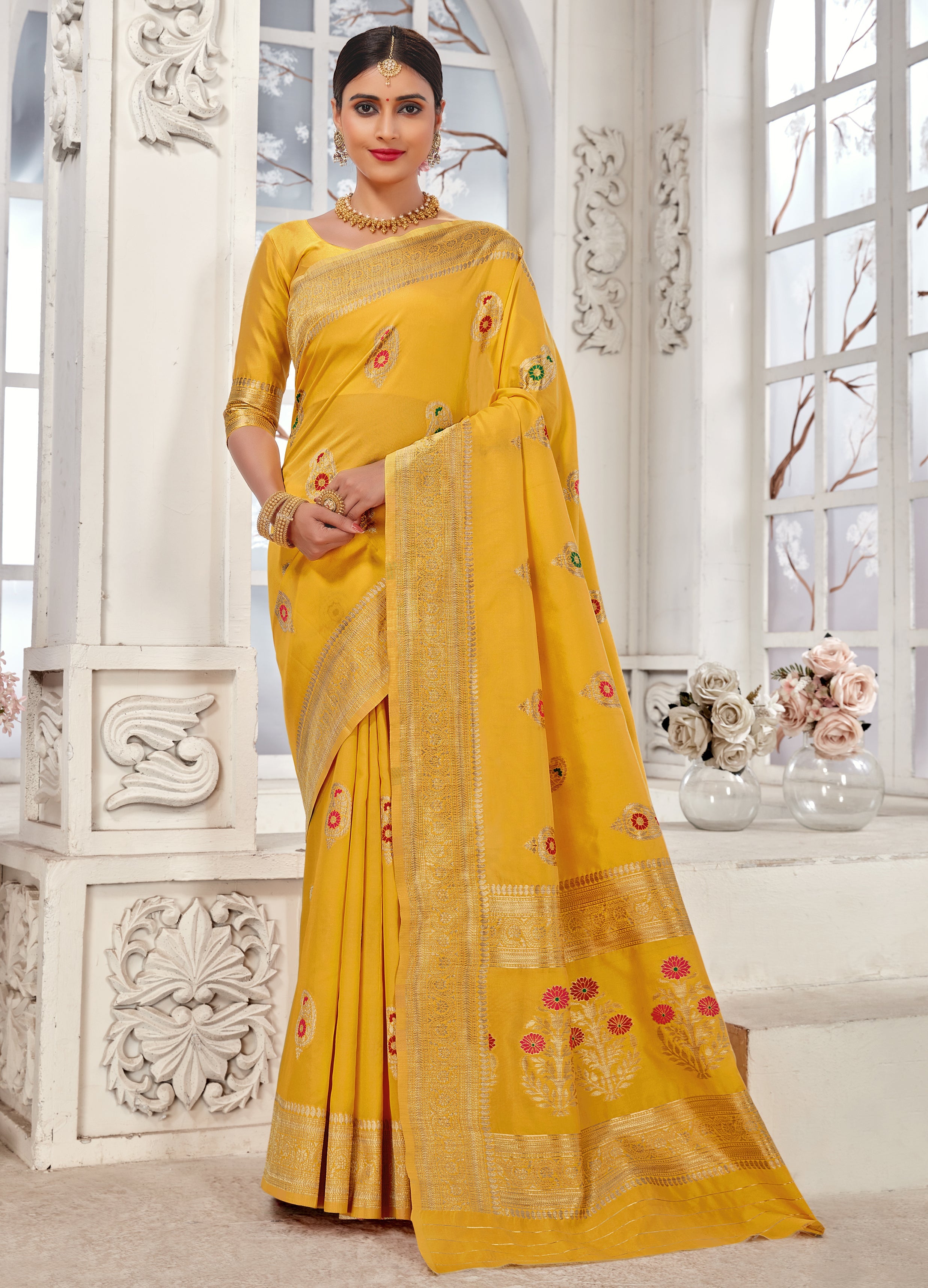 Yellow Silk Zari Work & Floral Motifs Elegant Saree