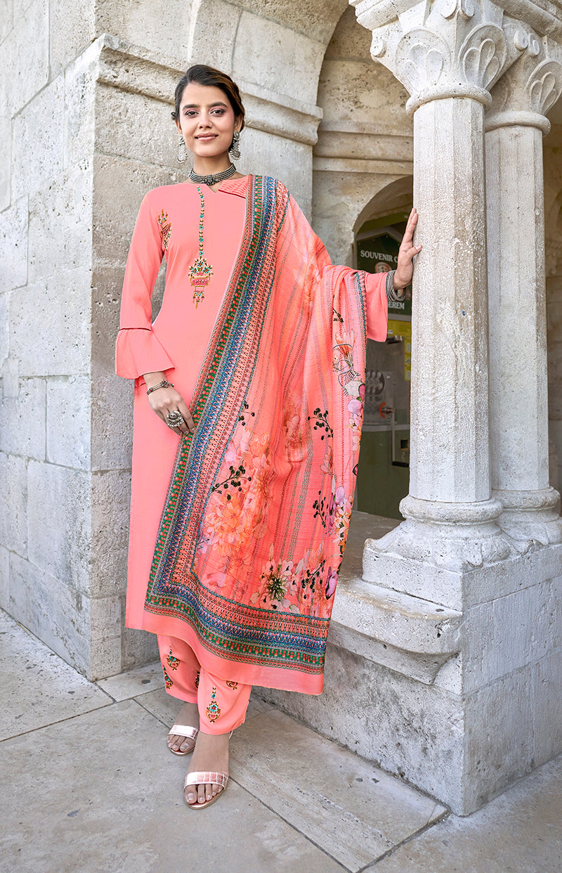Rose Pink Color Rayon Fancy Embroidered Work Straight suit