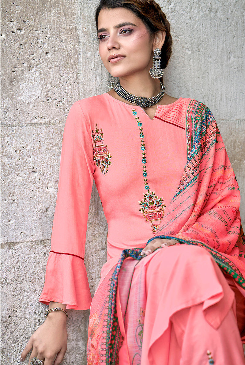 Rose Pink Color Rayon Fancy Embroidered Work Straight suit
