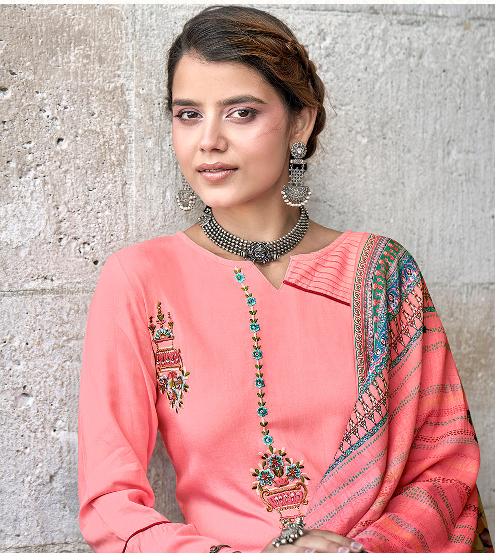 Rose Pink Color Rayon Fancy Embroidered Work Straight suit