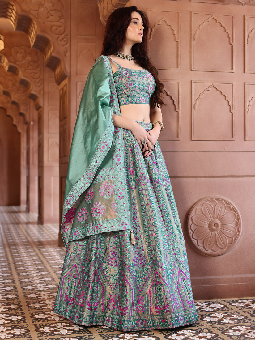Sea Green Kanjivaram Silk Weaving Zari Lehenga Choli