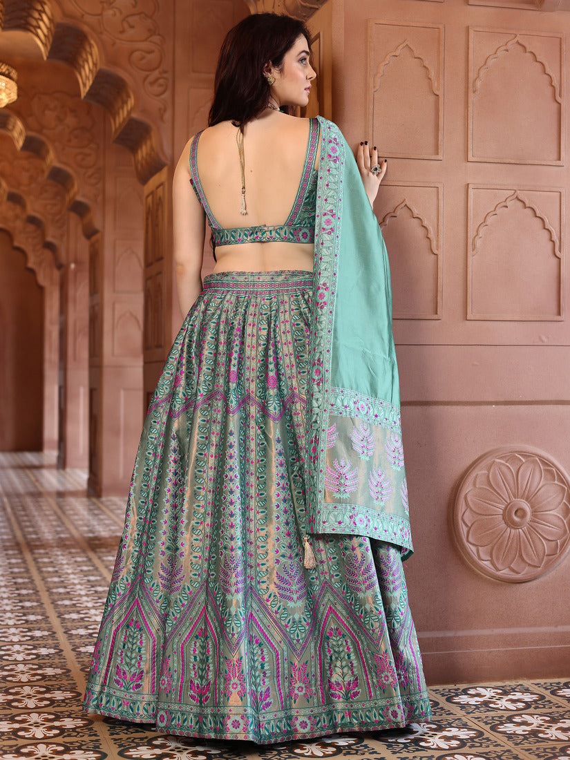 Sea Green Kanjivaram Silk Weaving Zari Lehenga Choli