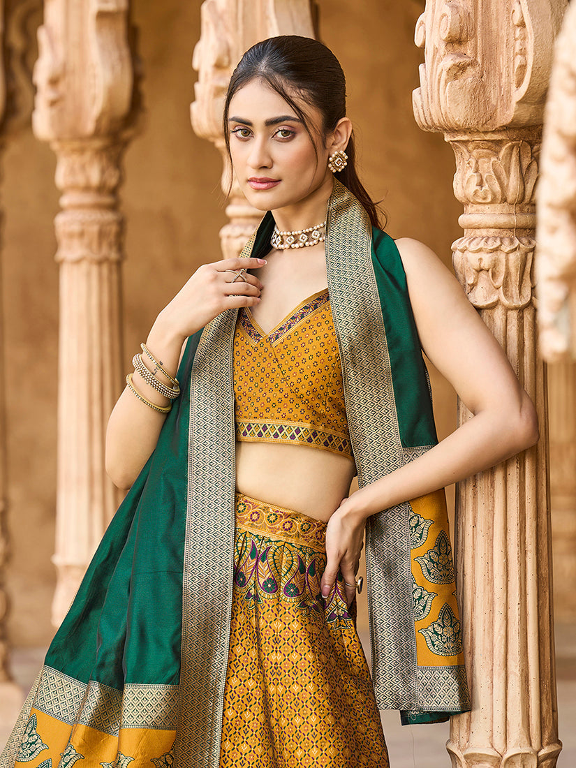 Yellow Kanjiwaram Silk Jacquard Woven Trendy Lehenga Choli