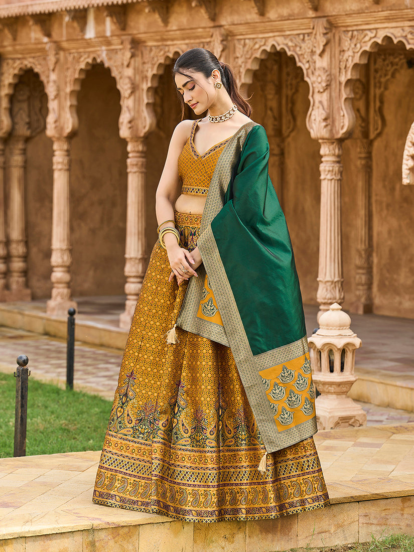 Yellow Kanjiwaram Silk Jacquard Woven Trendy Lehenga Choli