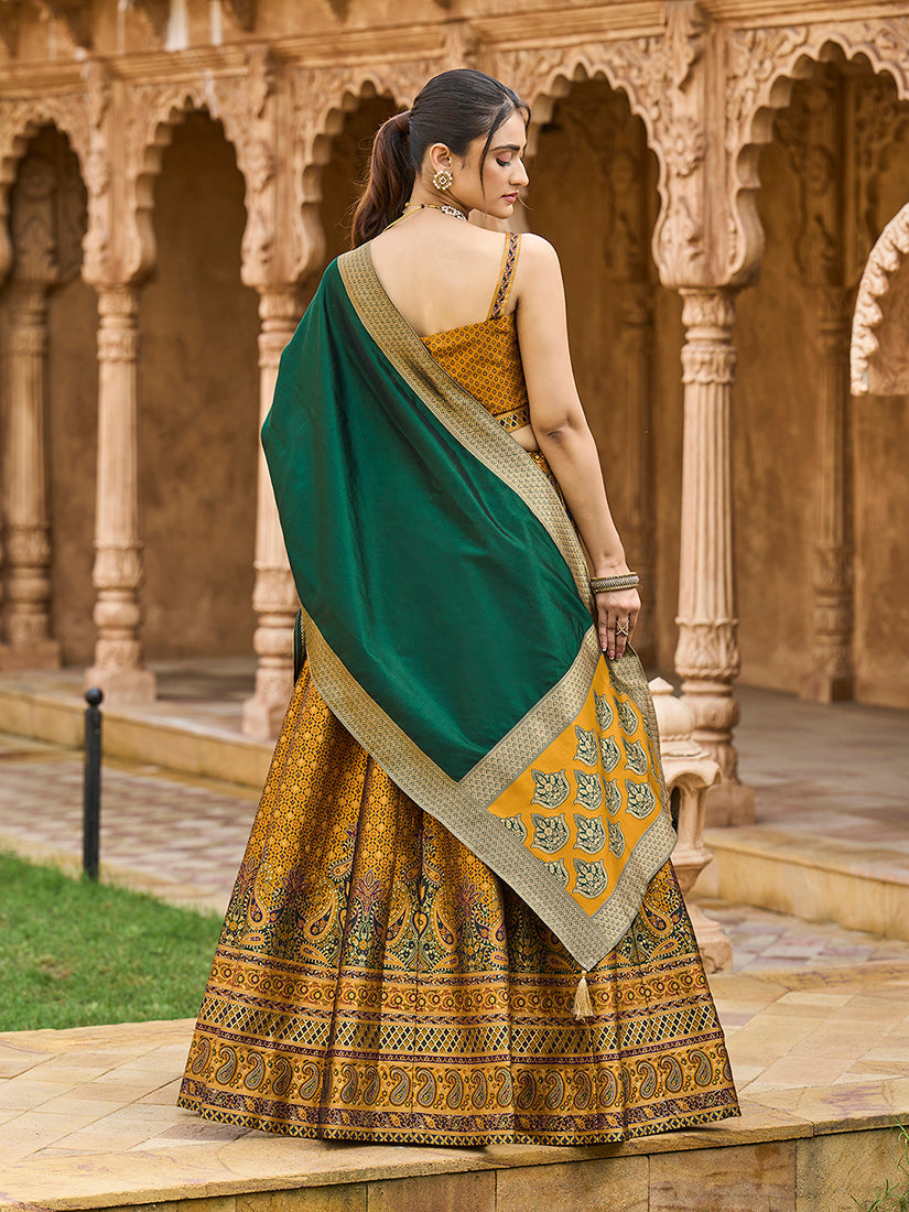 Yellow Kanjiwaram Silk Jacquard Woven Trendy Lehenga Choli