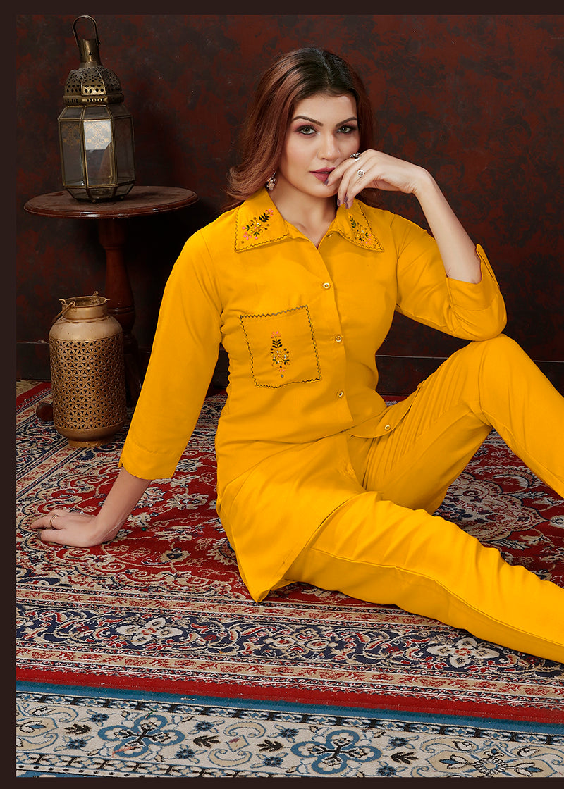 Yellow Maaza Cotton with Handwork Trendy Co ord Set