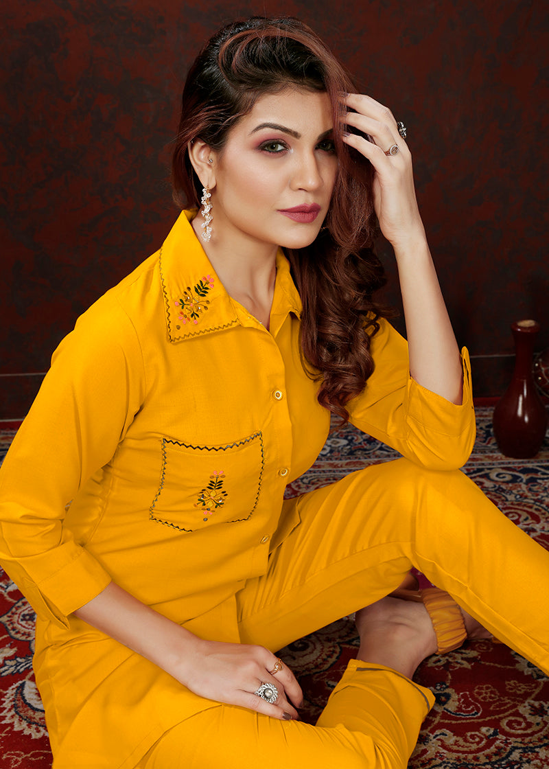 Yellow Maaza Cotton with Handwork Trendy Co ord Set