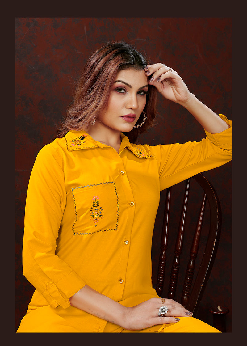 Yellow Maaza Cotton with Handwork Trendy Co ord Set