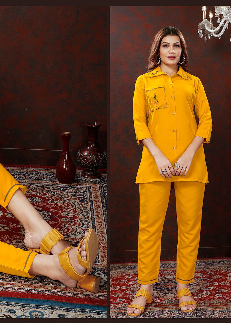Yellow Maaza Cotton with Handwork Trendy Co ord Set