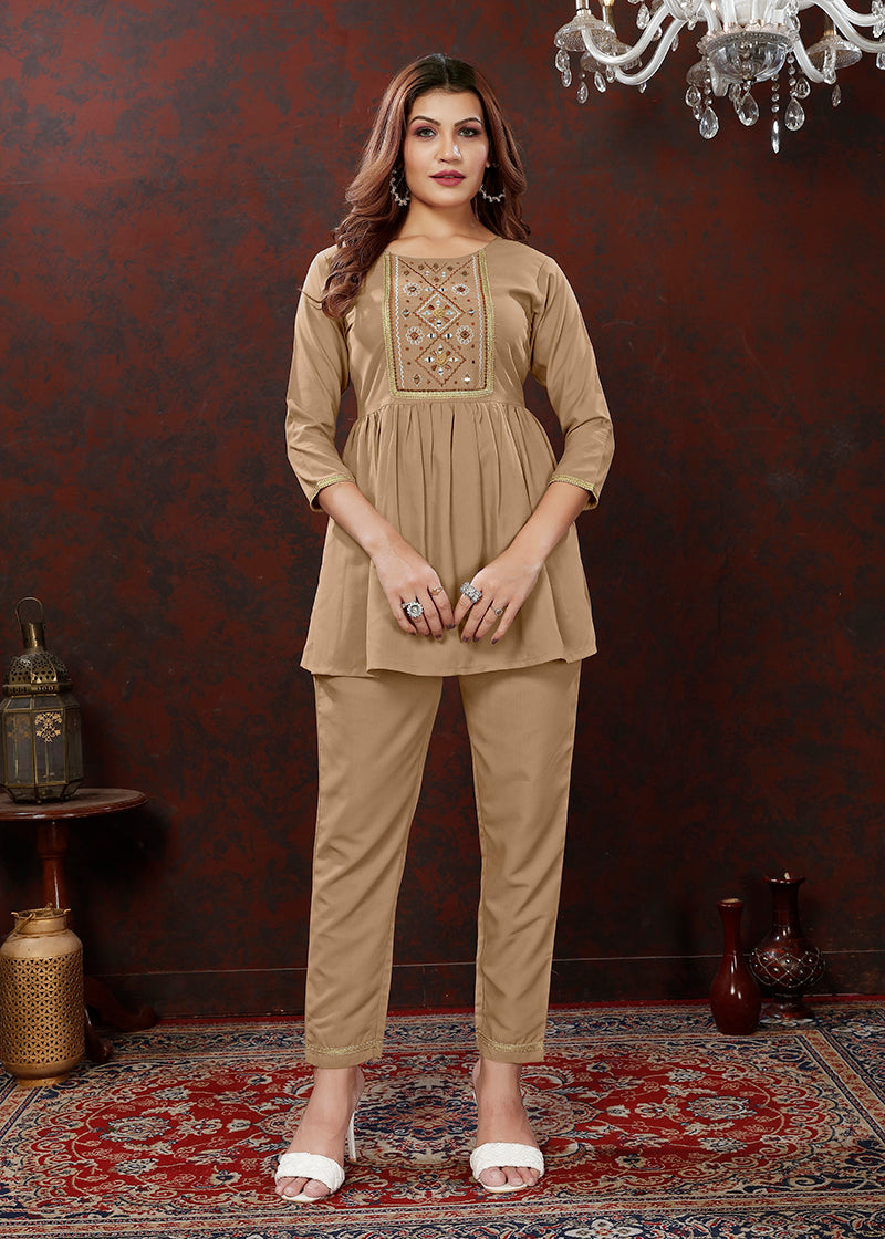 Beige Maaza Cotton with Handwork Trendy Co ord Set