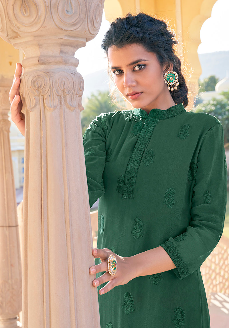Dark Green Georgette Embroidered Muslin Pant Style Suit