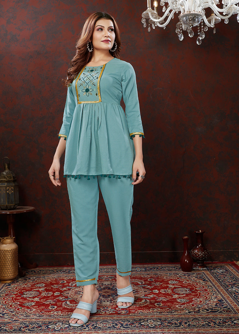 Ligh blue Maaza Cotton with Handwork Trendy Co ord Set