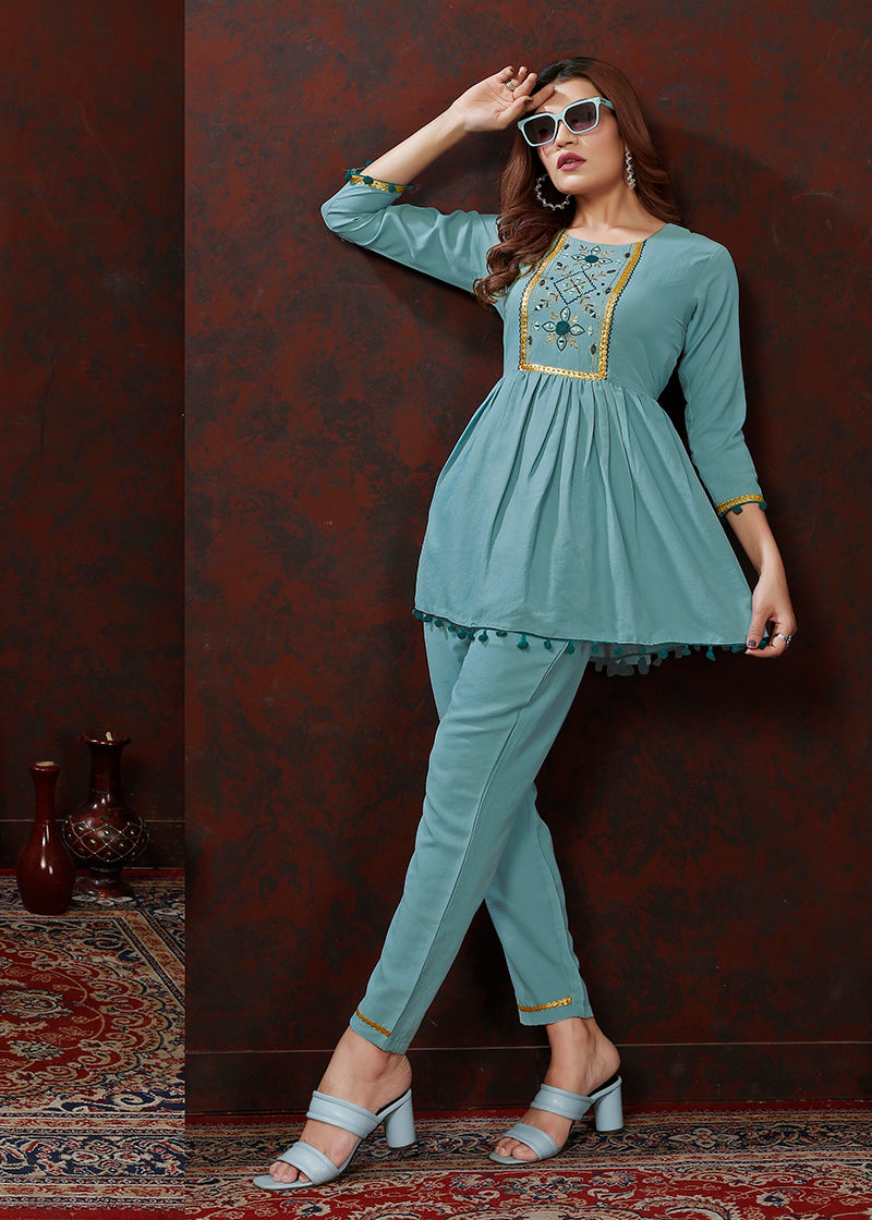 Ligh blue Maaza Cotton with Handwork Trendy Co ord Set