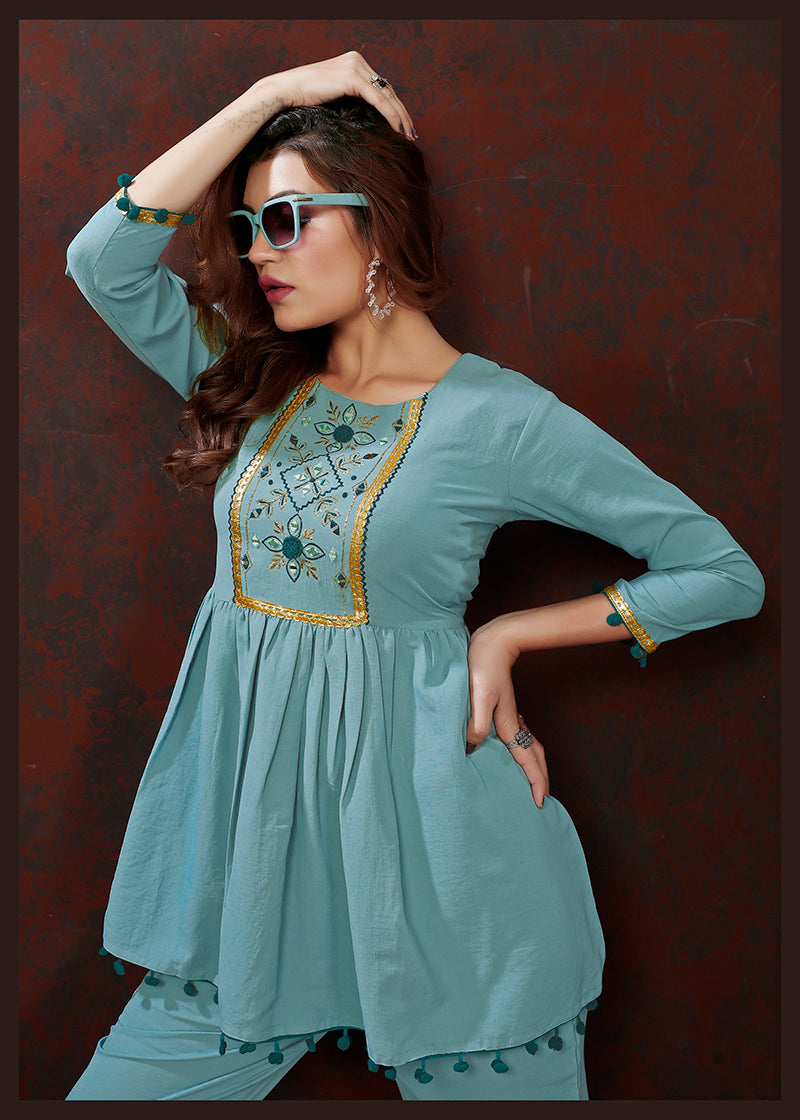 Ligh blue Maaza Cotton with Handwork Trendy Co ord Set