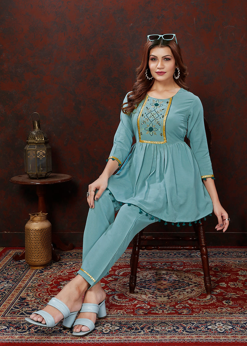 Ligh blue Maaza Cotton with Handwork Trendy Co ord Set