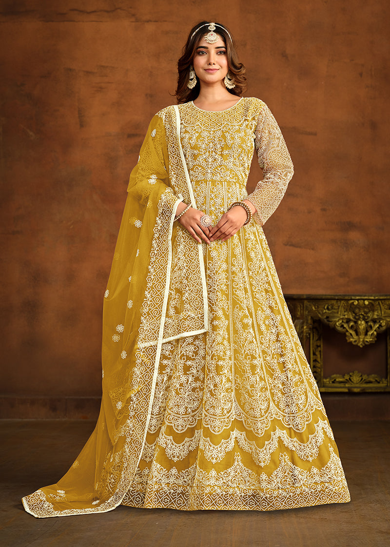 Yellow Net Embroidered Designer Floor Length Anarkali Suit