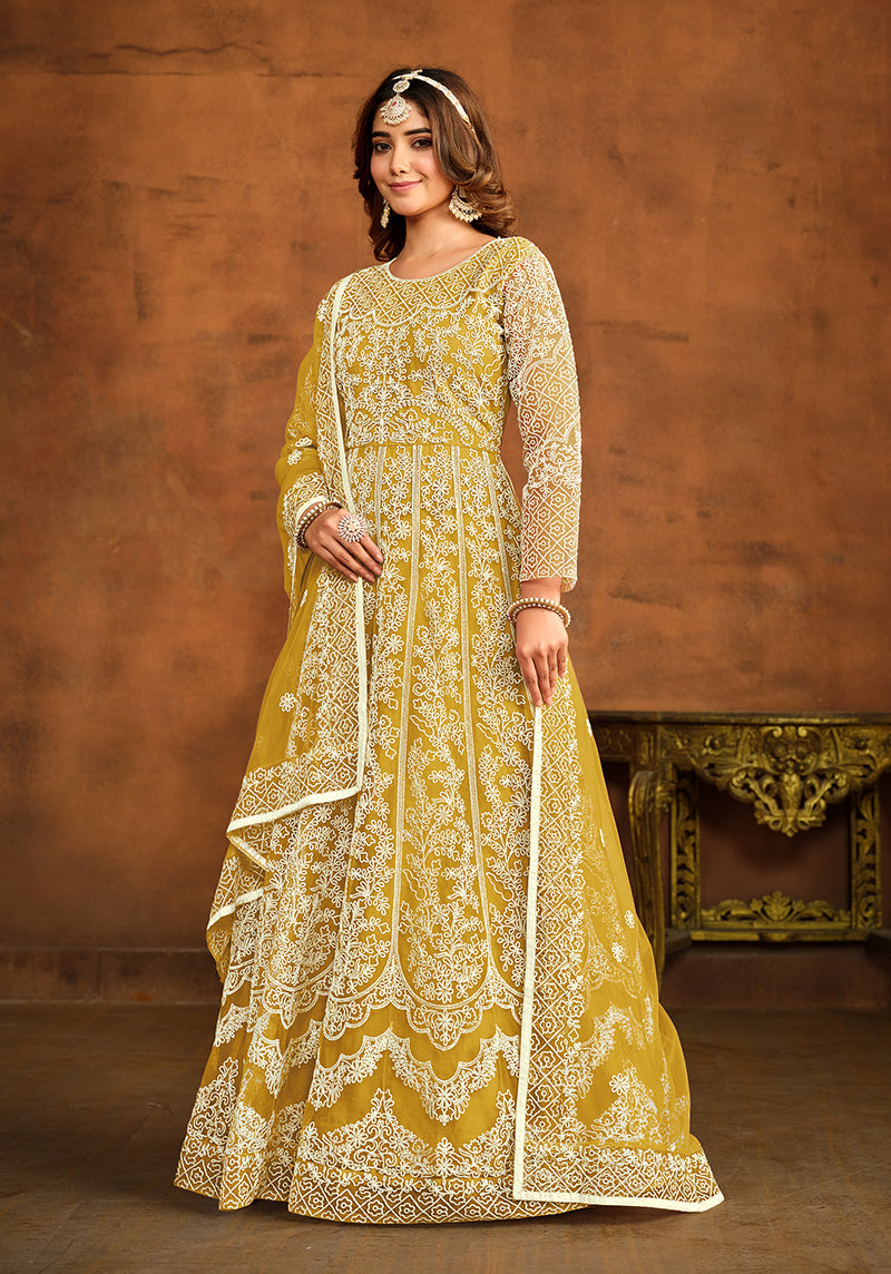 Yellow Net Embroidered Designer Floor Length Anarkali Suit