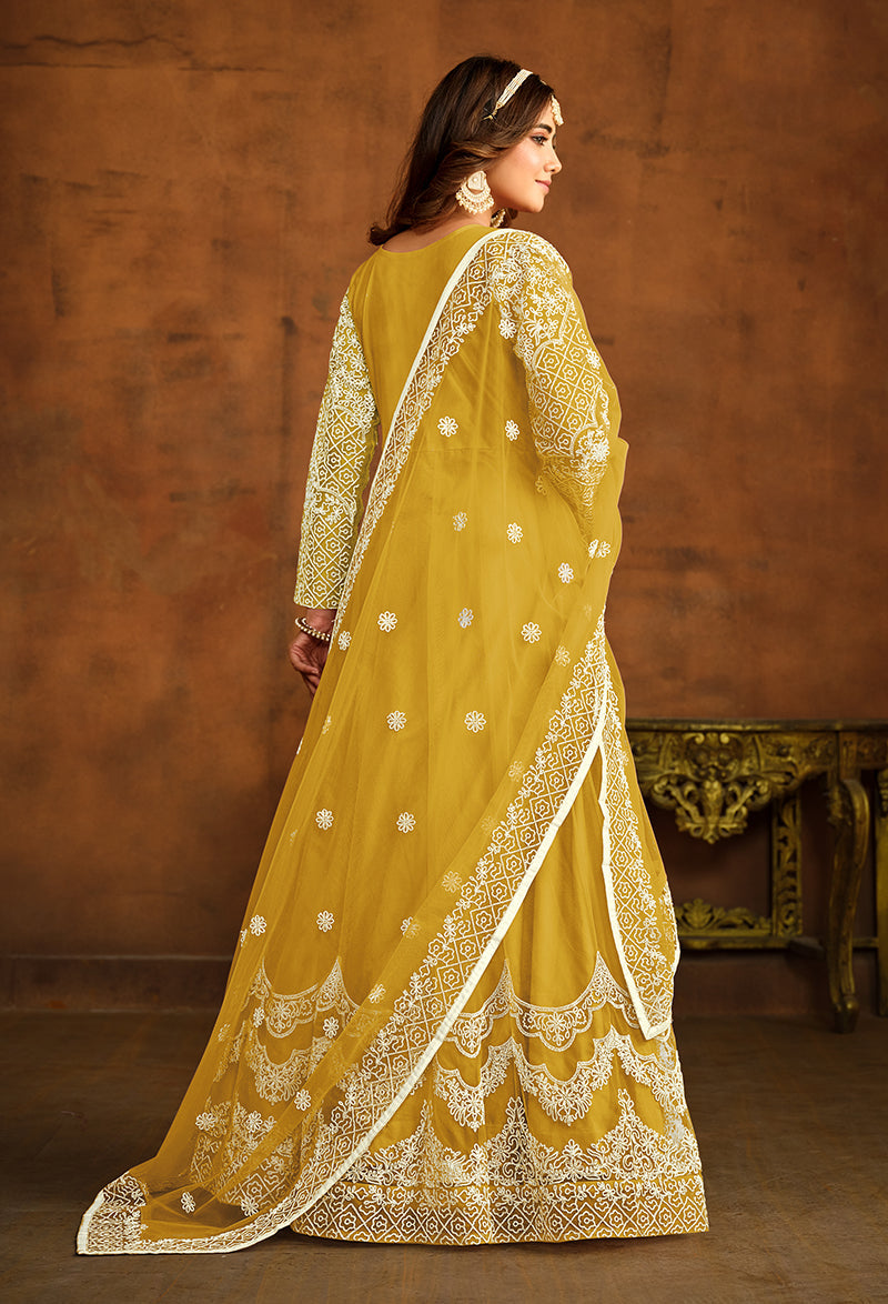 Yellow Net Embroidered Designer Floor Length Anarkali Suit