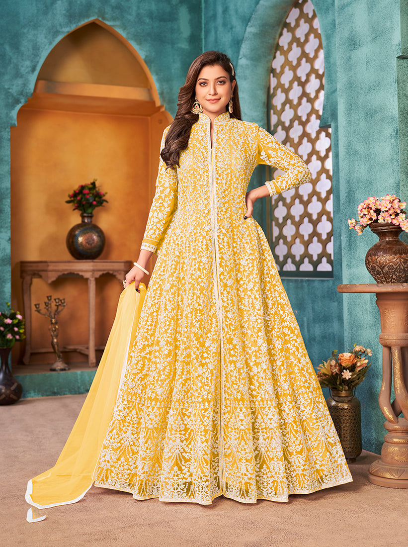 Yellow Net Embroidered Designer Floor Length Suit