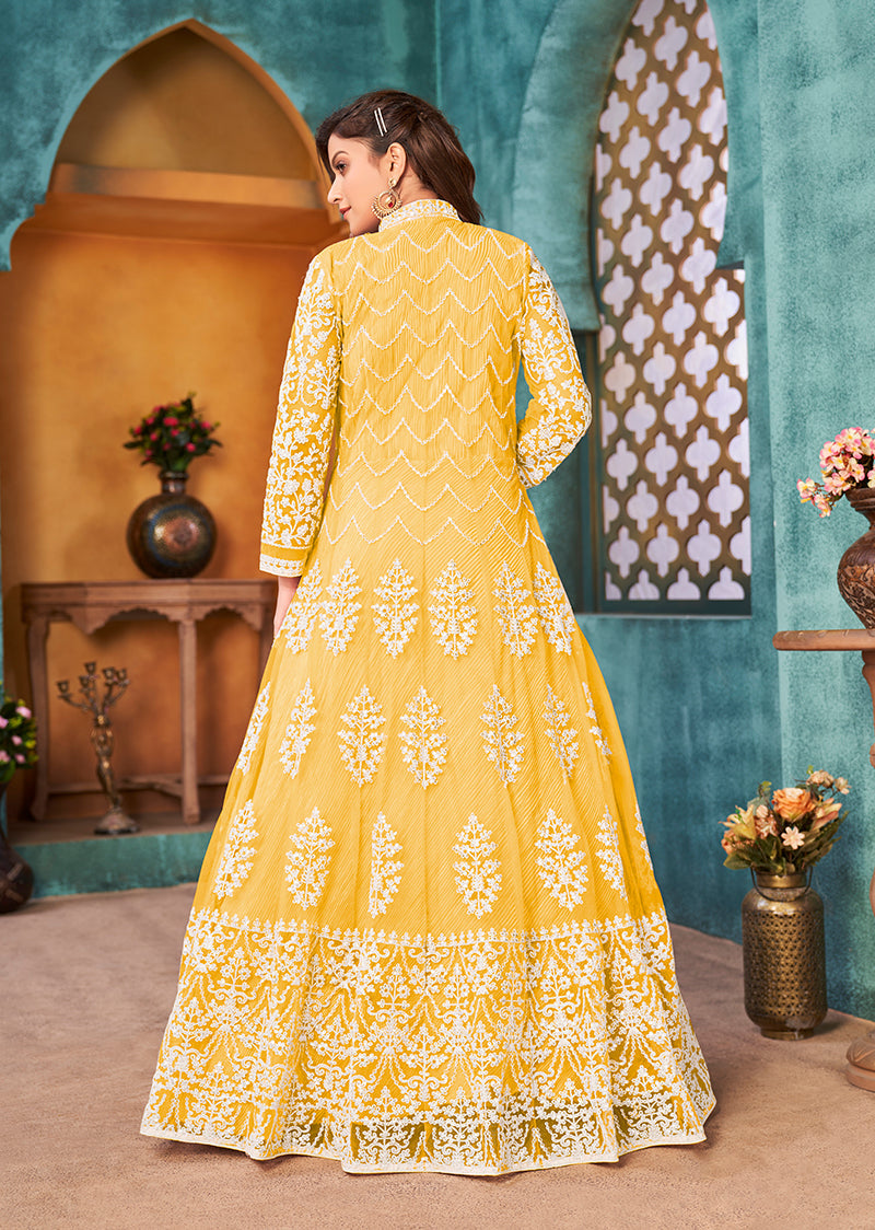 Yellow Net Embroidered Designer Floor Length Suit