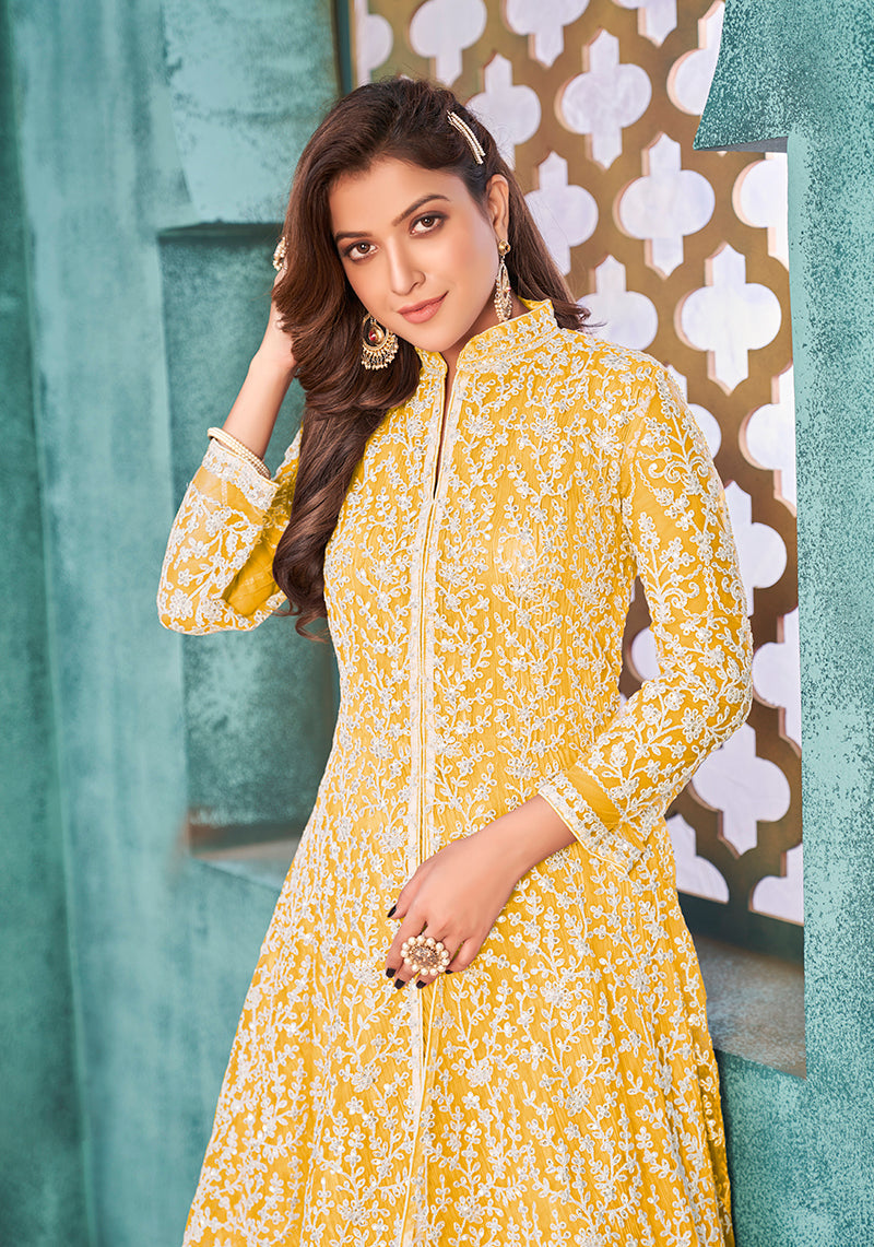 Yellow Net Embroidered Designer Floor Length Suit