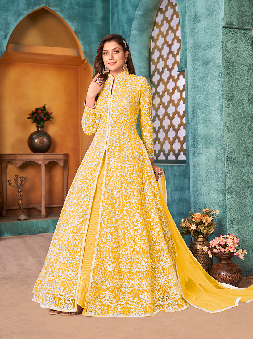 Yellow Net Embroidered Designer Floor Length Suit