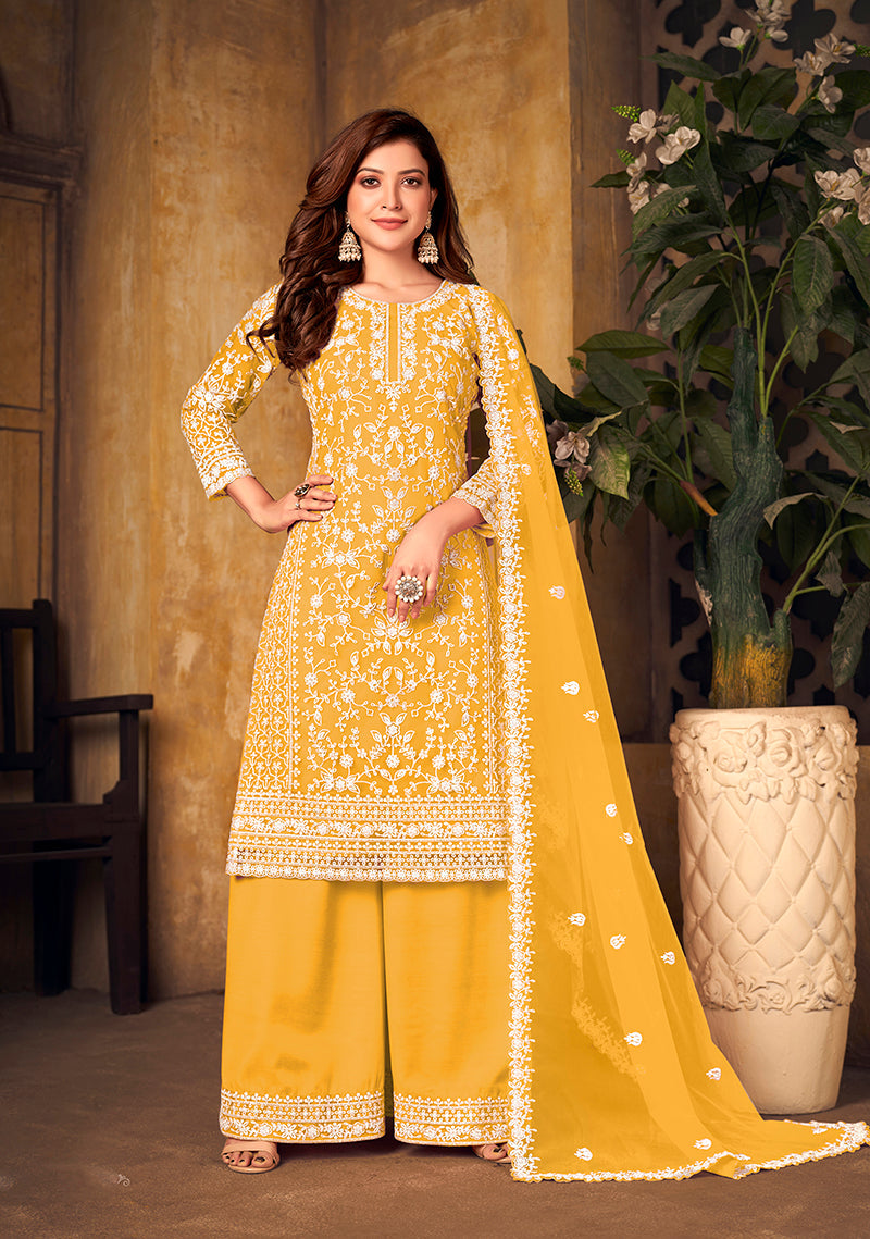 Yellow Net Embroidered Palazzo Salwar Kameez