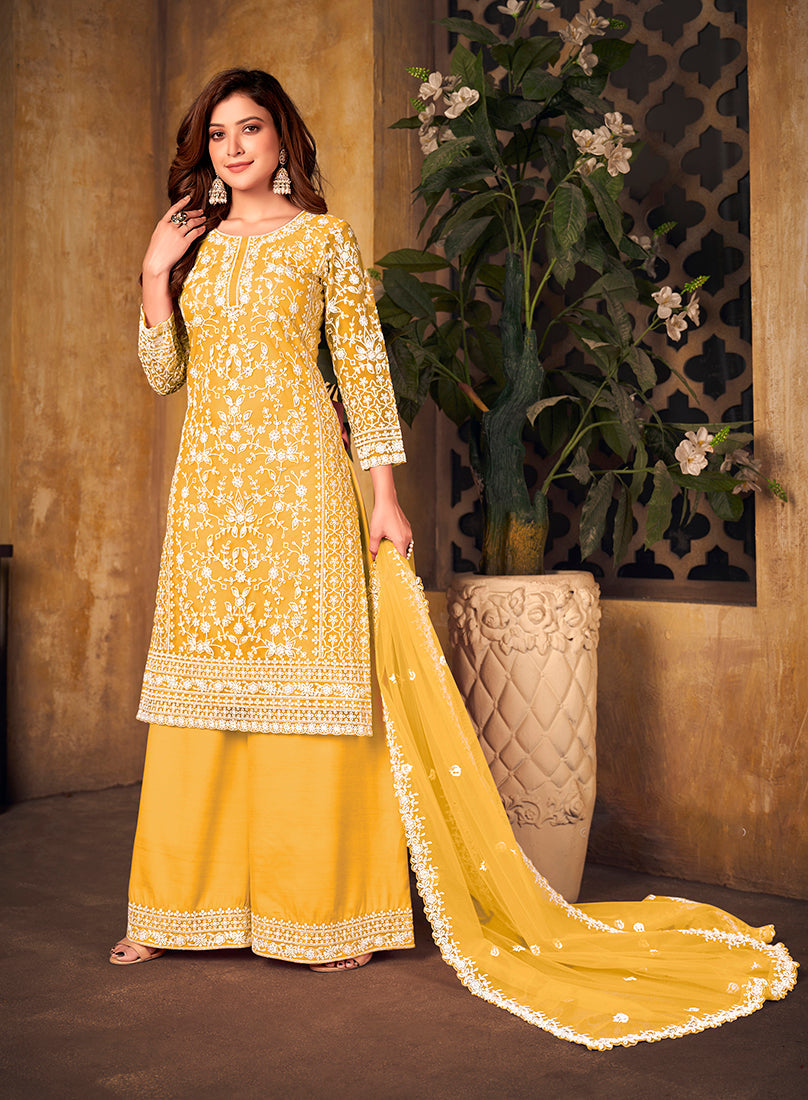 Yellow Net Embroidered Palazzo Salwar Kameez