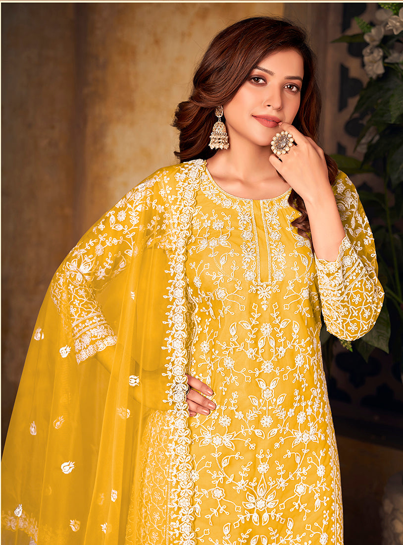 Yellow Net Embroidered Palazzo Salwar Kameez