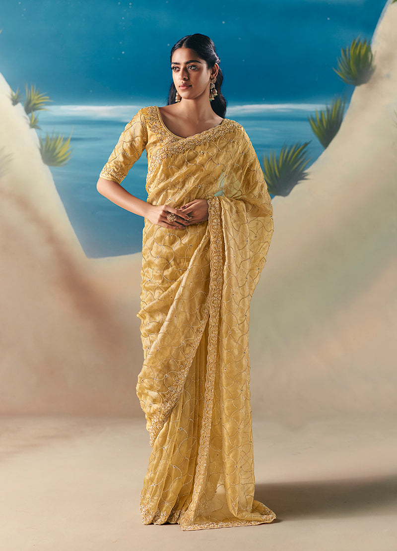 Yellow Premium Fancy Fabric With Designer Embroidery Sequence Work Saree