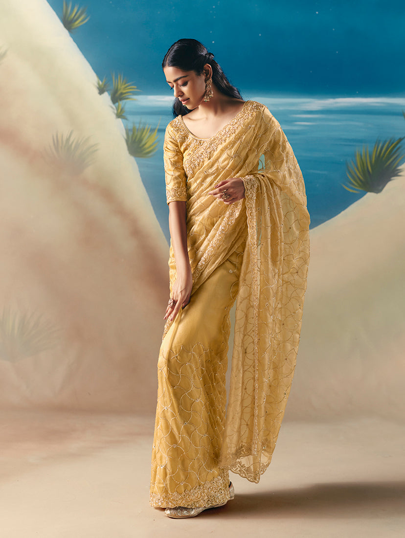 Yellow Premium Fancy Fabric With Designer Embroidery Sequence Work Saree